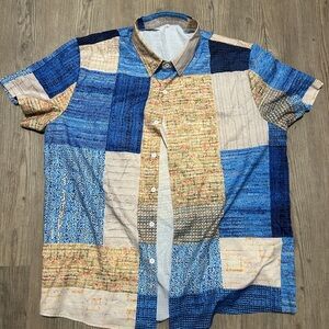 Men's Blue and Beige Patchwork Shirt